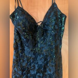 Blondie nites Long emerald green gem flower prom dress size 9